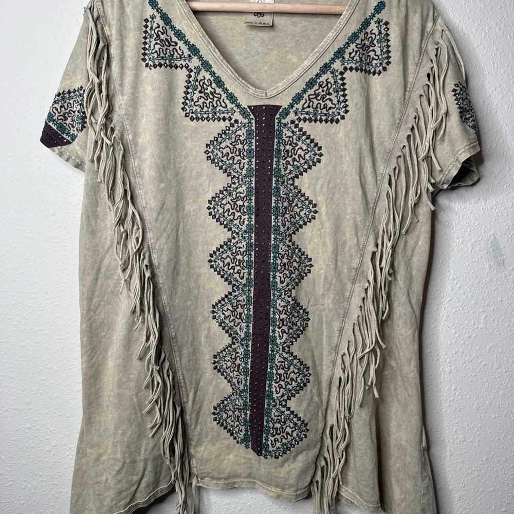 Vocal Beige Embroidered Fringe Tee - Picture 2 of 10